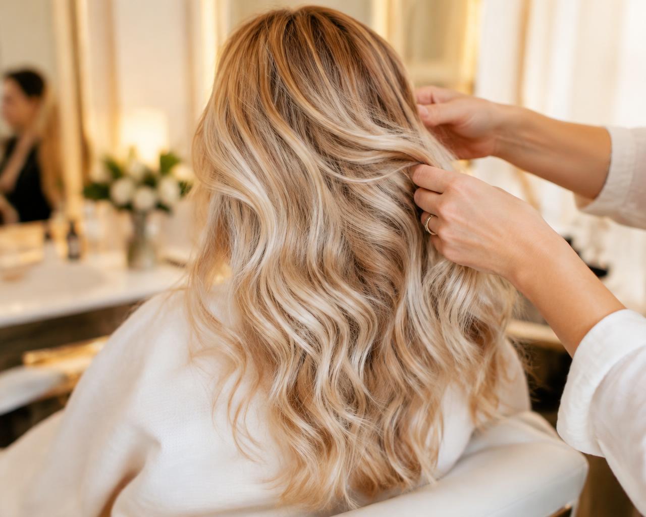 Coiffeuse travaillant un balayage blond (image de démonstration)